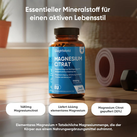 Magnesiumcitrat Kapseln gepuffert - 444mg Elementares Magnesium pro Portion - 240 Kapseln - 4 Monate Vorrat - Magnesium trägt zur Verringerung von Müdigkeit & Erschöpfung bei (EFSA) - WeightWorld