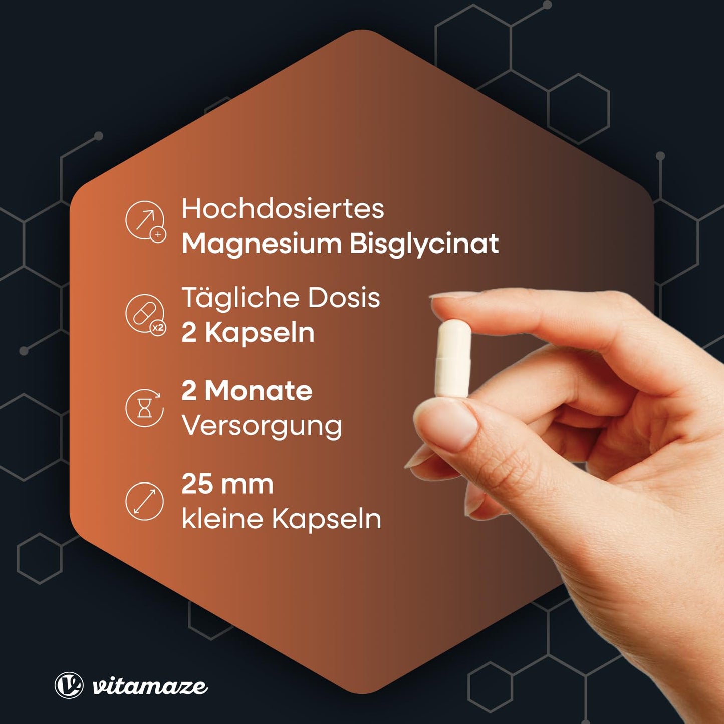 Magnesium Bisglycinat Kapseln hochdosiert, 1500 mg in nur 2 Kapseln davon 300 mg elementares Magnesium pro Tagesdosis, 120 vegane Kapseln für 2 Monate, ohne Zusatzstoffe, Made in Germany