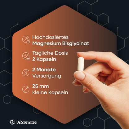 Magnesium Bisglycinat Kapseln hochdosiert, 1500 mg in nur 2 Kapseln davon 300 mg elementares Magnesium pro Tagesdosis, 120 vegane Kapseln für 2 Monate, ohne Zusatzstoffe, Made in Germany