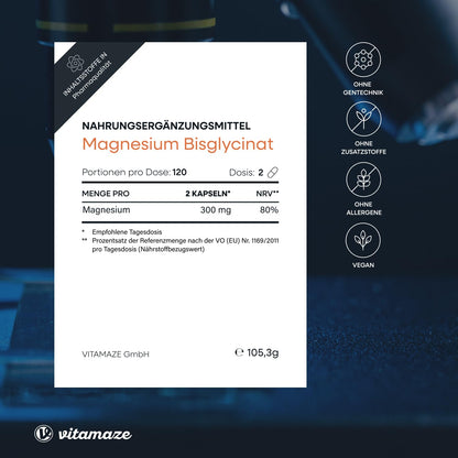 Magnesium Bisglycinat Kapseln hochdosiert, 1500 mg in nur 2 Kapseln davon 300 mg elementares Magnesium pro Tagesdosis, 120 vegane Kapseln für 2 Monate, ohne Zusatzstoffe, Made in Germany