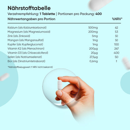 Kalzium Magnesium Zink - 400 Tabletten - 1+ Jahr - 500mg Calcium pro Tagesdosis - 1 vegane Tablette Pro Tag - Mit Mangan, Vitamin D3 K2, Bor, Selen, Kupfer - Frei von Magnesiumstearat - WeightWorld