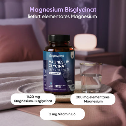 Magnesium Bisglycinat Kapseln - 1422mg Magnesiumbisglycinat mit Vitamin B6-200mg elementes Magnesium - Glycinat Form - 180 vegane Kapseln - 3 Monate Vorrat - Frei von Magnesiumstearat - WeightWorld