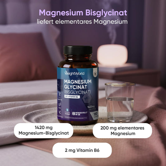 Magnesium Bisglycinat Kapseln - 1422mg Magnesiumbisglycinat mit Vitamin B6-200mg elementes Magnesium - Glycinat Form - 180 vegane Kapseln - 3 Monate Vorrat - Frei von Magnesiumstearat - WeightWorld