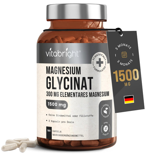 Magnesium Bisglycinat 300 mg | 180 Kapseln | 3 Monate Vorrat | Hochdosiert Chelatiertes Magnesium Glycinat | Vegan | Ohne Zusatzstoffe | Laborgeprüft | VitaBright Magnesiumbisglycinat