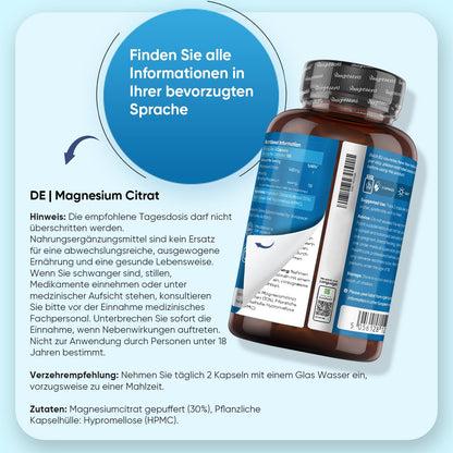 Magnesiumcitrat Kapseln gepuffert - 444mg Elementares Magnesium pro Portion - 240 Kapseln - 4 Monate Vorrat - Magnesium trägt zur Verringerung von Müdigkeit & Erschöpfung bei (EFSA) - WeightWorld