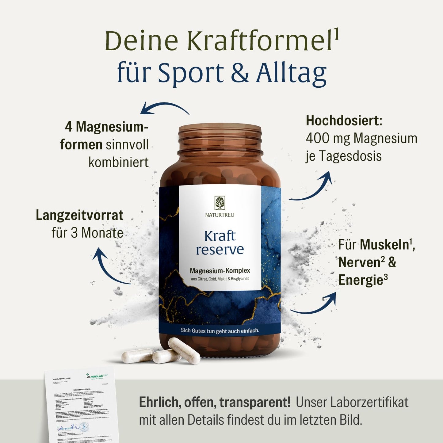 Magnesium Komplex hochdosiert - Komplex mit: Magnesiumcitrat, Bisglycinat, Magnesium Malat und Magnesiumoxid - Vegan - 180 Kapseln