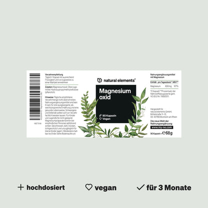 natural elements Magnesium - 365 Kapseln (Jahresvorrat) - 667mg, davon 400mg elementares Magnesium pro Kapsel - Laborgeprüft, hochdosiert, vegan