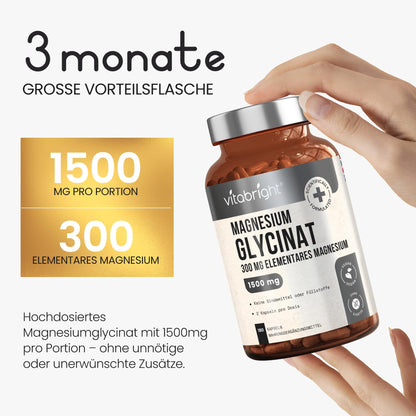 Magnesium Bisglycinat 300 mg | 180 Kapseln | 3 Monate Vorrat | Hochdosiert Chelatiertes Magnesium Glycinat | Vegan | Ohne Zusatzstoffe | Laborgeprüft | VitaBright Magnesiumbisglycinat
