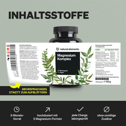 natural elements Magnesium Komplex - Premium: Aus 5 hochwertigen Verbindungen - 400mg elementares Magnesium pro Tagesdosis - Laborgeprüft, vegan, hochdosiert
