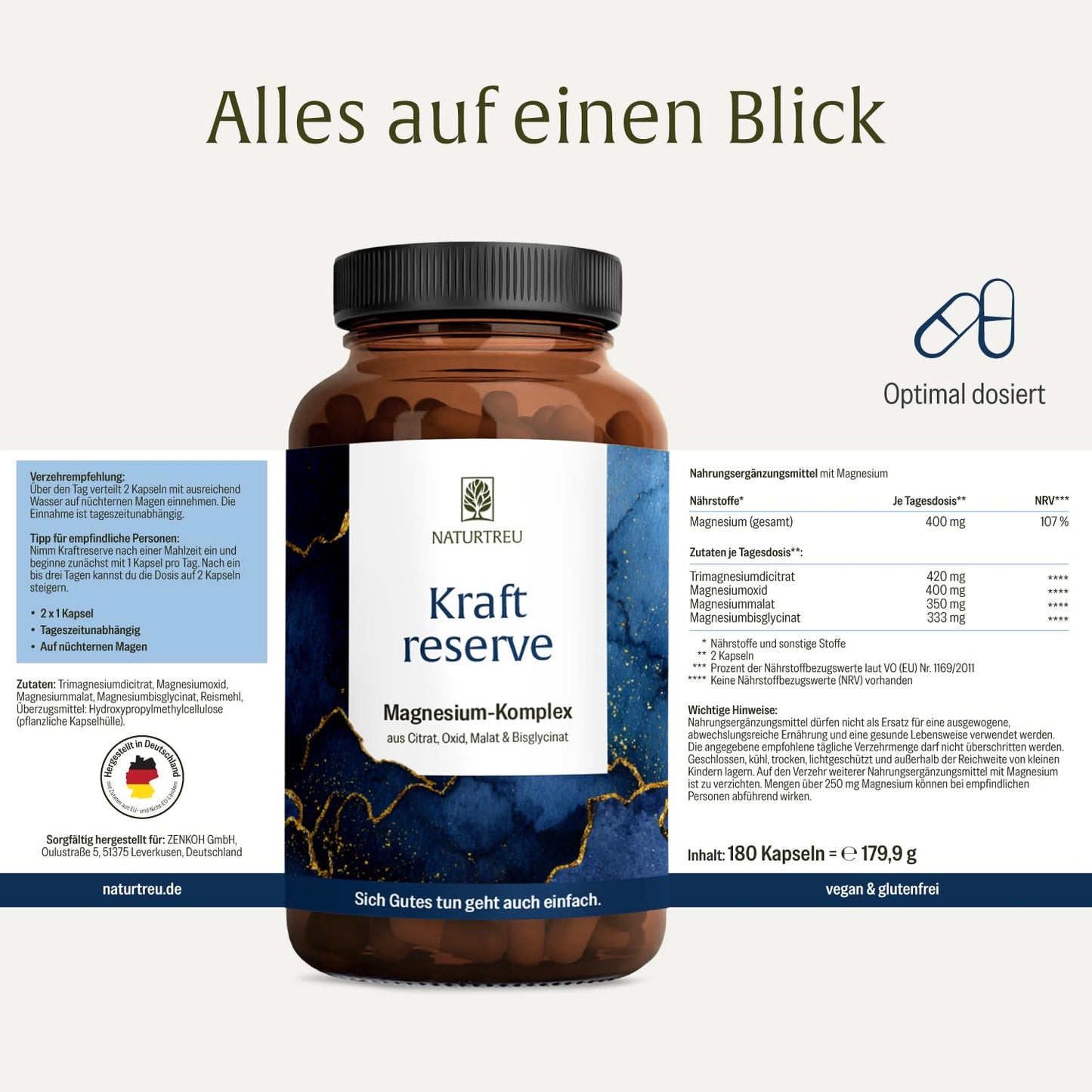 Magnesium Komplex hochdosiert - Komplex mit: Magnesiumcitrat, Bisglycinat, Magnesium Malat und Magnesiumoxid - Vegan - 180 Kapseln