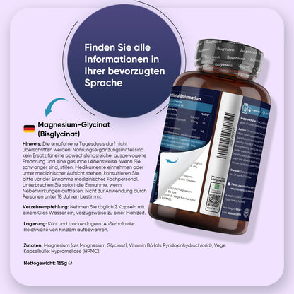 Magnesium Bisglycinat Kapseln - 1422mg Magnesiumbisglycinat mit Vitamin B6-200mg elementes Magnesium - Glycinat Form - 180 vegane Kapseln - 3 Monate Vorrat - Frei von Magnesiumstearat - WeightWorld