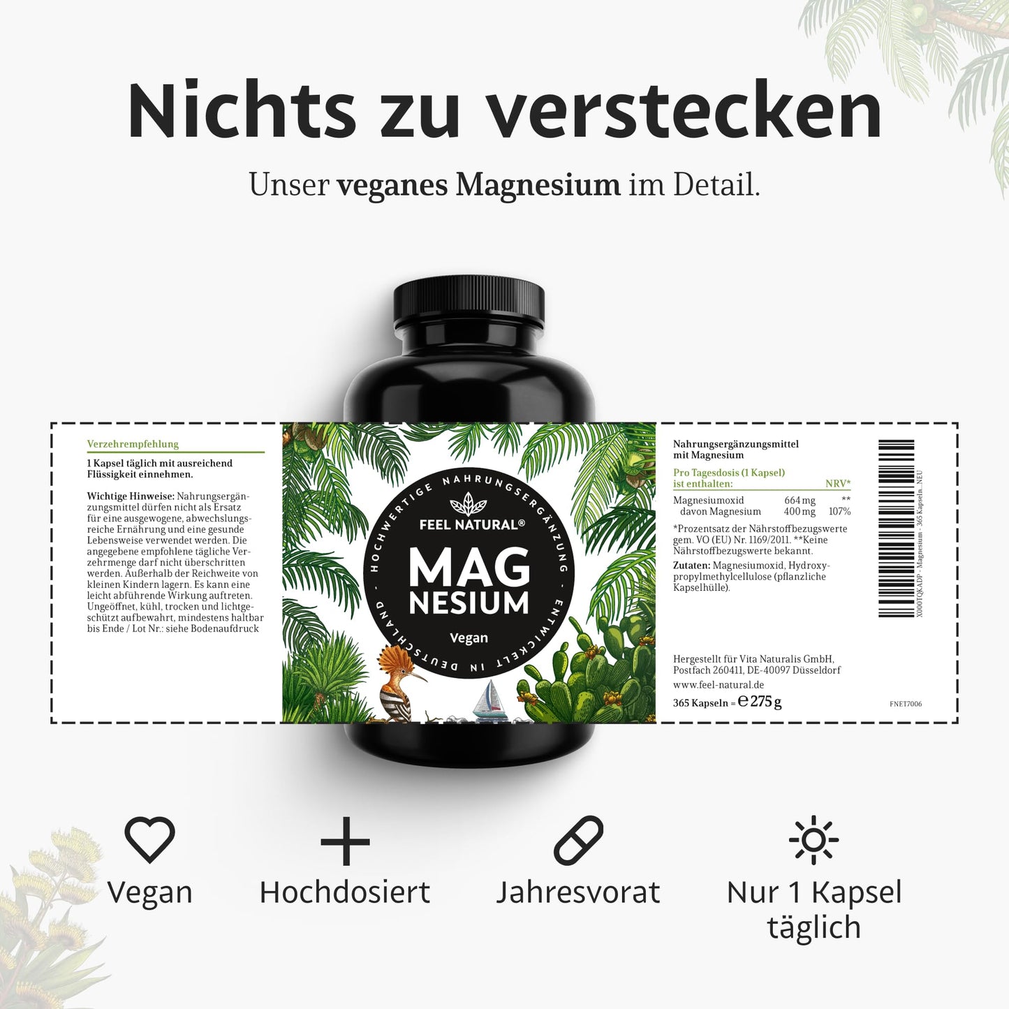 Magnesium hochdosiert Kapseln - 350 g Stück (Jahresvorrat) - 664mg je Kapsel, davon 400mg elementares Magnesium - höherer Gehalt als andere Magnesiumformen - Laborgeprüft & Vegan