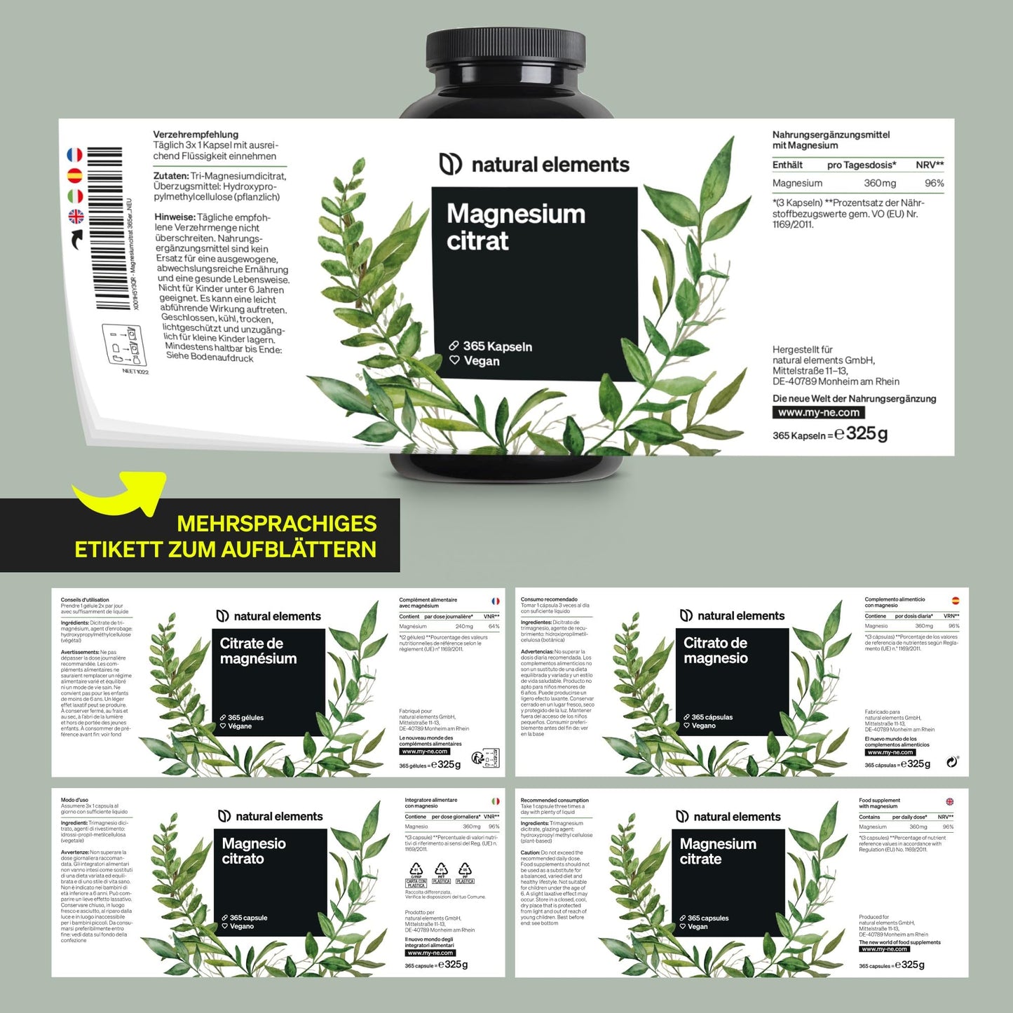 natural elements Magnesiumcitrat – 360mg elementares Magnesium pro Tagesdosis – 365 vegane Kapseln – 4-Monats-Vorrat – hochdosiert, ohne Zusätze – in Deutschland entwickelt & laborgeprüft