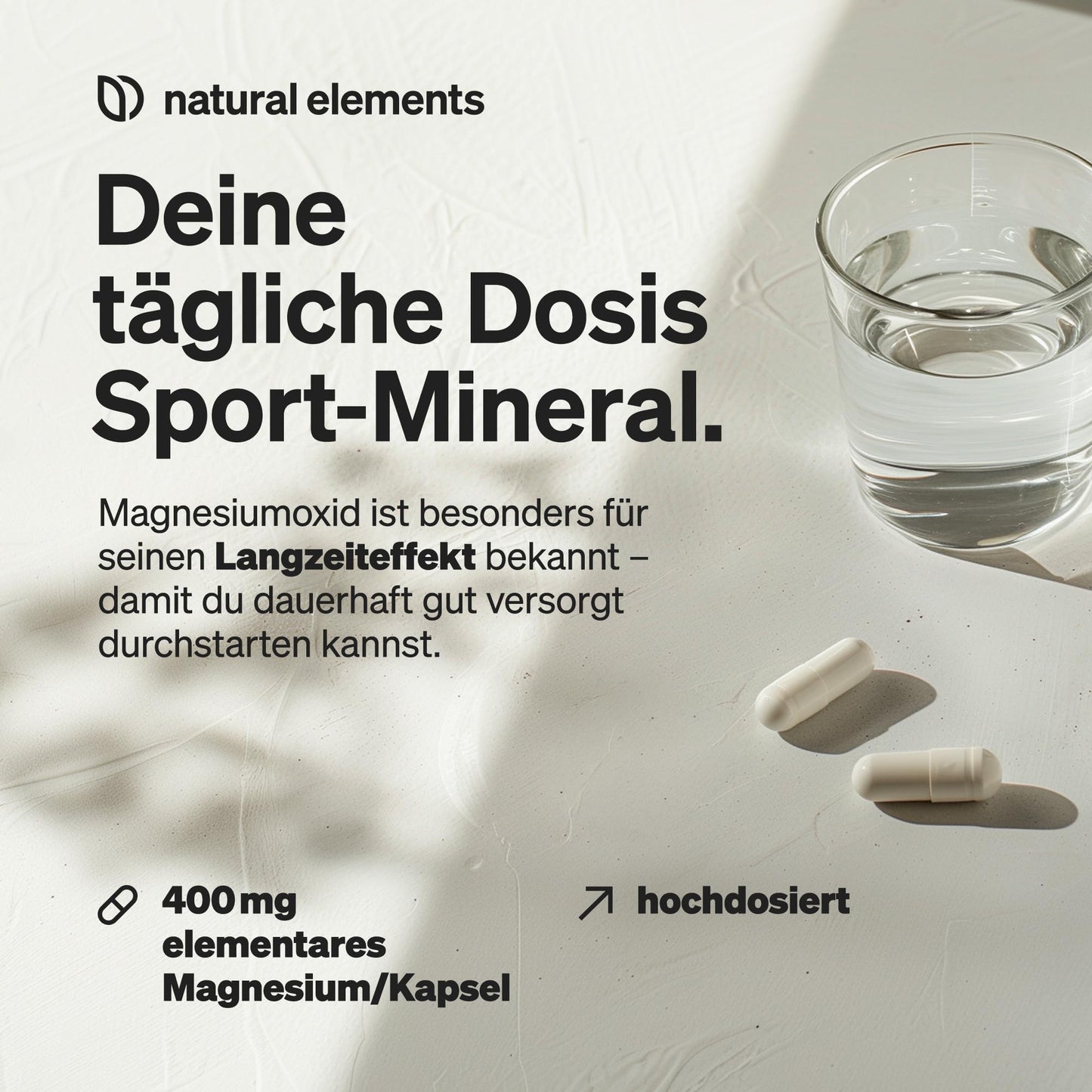 natural elements Magnesium - 365 Kapseln (Jahresvorrat) - 667mg, davon 400mg elementares Magnesium pro Kapsel - Laborgeprüft, hochdosiert, vegan