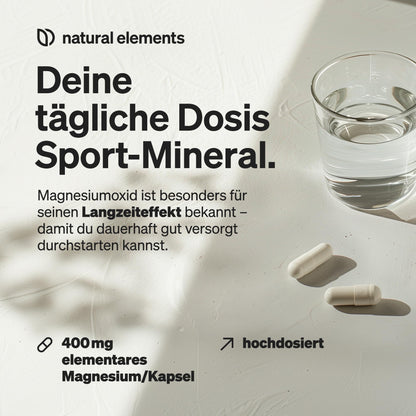 natural elements Magnesium - 365 Kapseln (Jahresvorrat) - 667mg, davon 400mg elementares Magnesium pro Kapsel - Laborgeprüft, hochdosiert, vegan